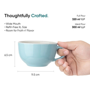 Blue mug held by a hand with product details on a white background