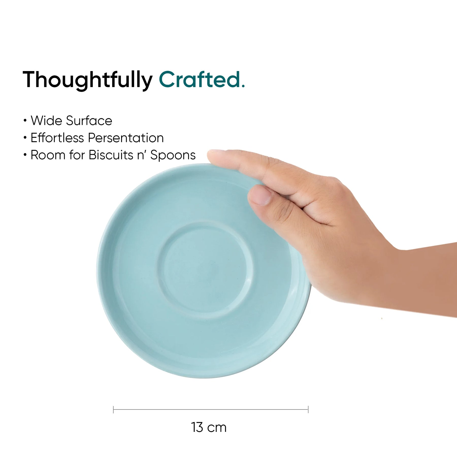 Light blue plate held by a hand with text highlighting features on a white background