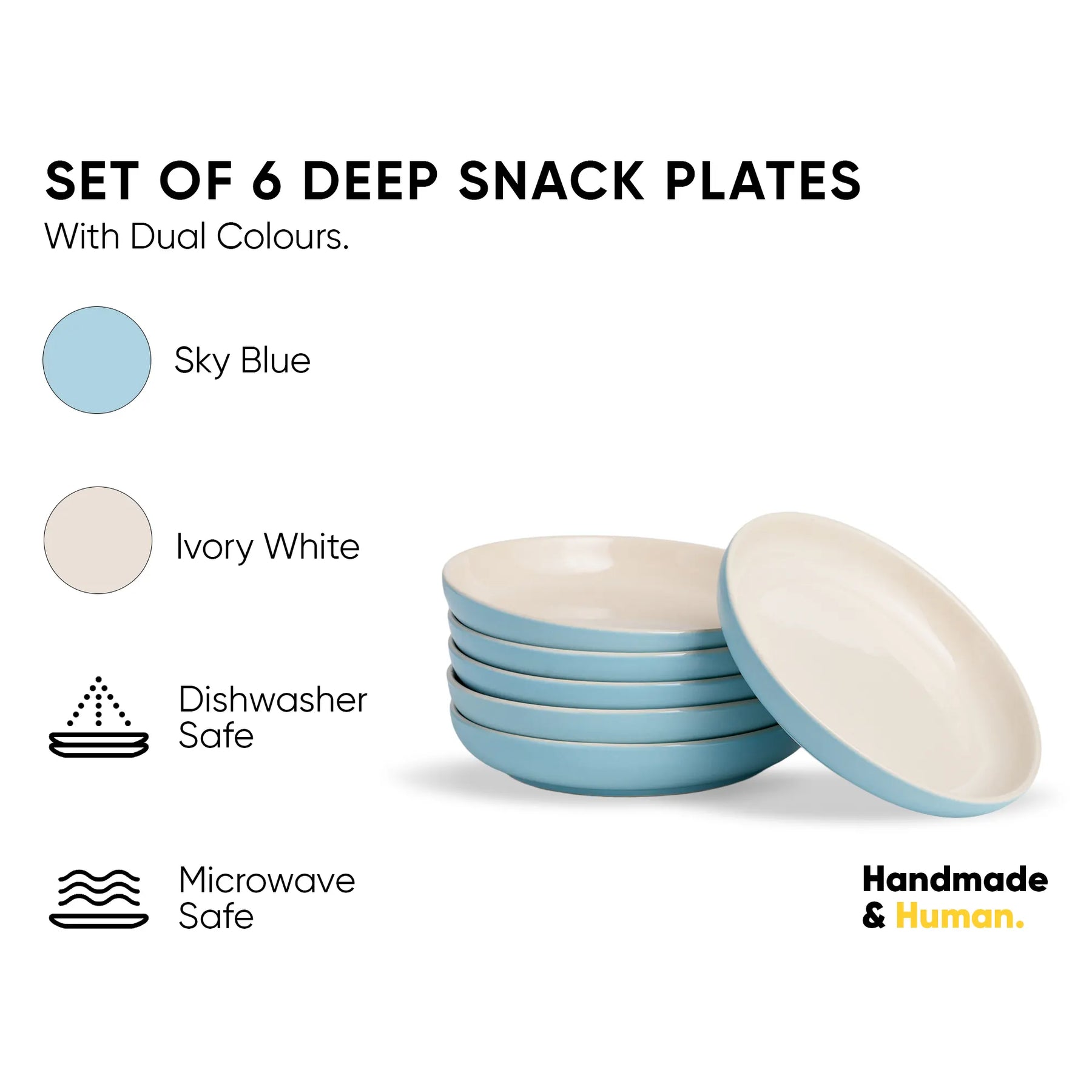 Set of 6 deep snack plates with dual colors, sky blue and ivory white, on a white background.