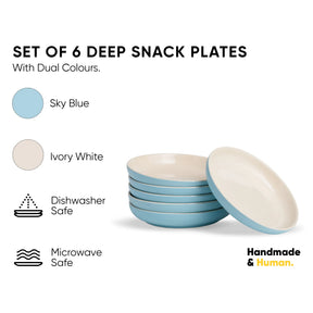 Set of 6 deep snack plates with dual colors, sky blue and ivory white, on a white background.