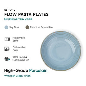 Blue pasta plate with text detailing features on a white background