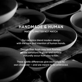 Black and white image of ceramic bowls with text about handmade ceramics.