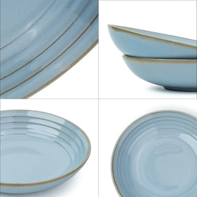 Collage of light blue ceramic bowls with gold rims on a white background