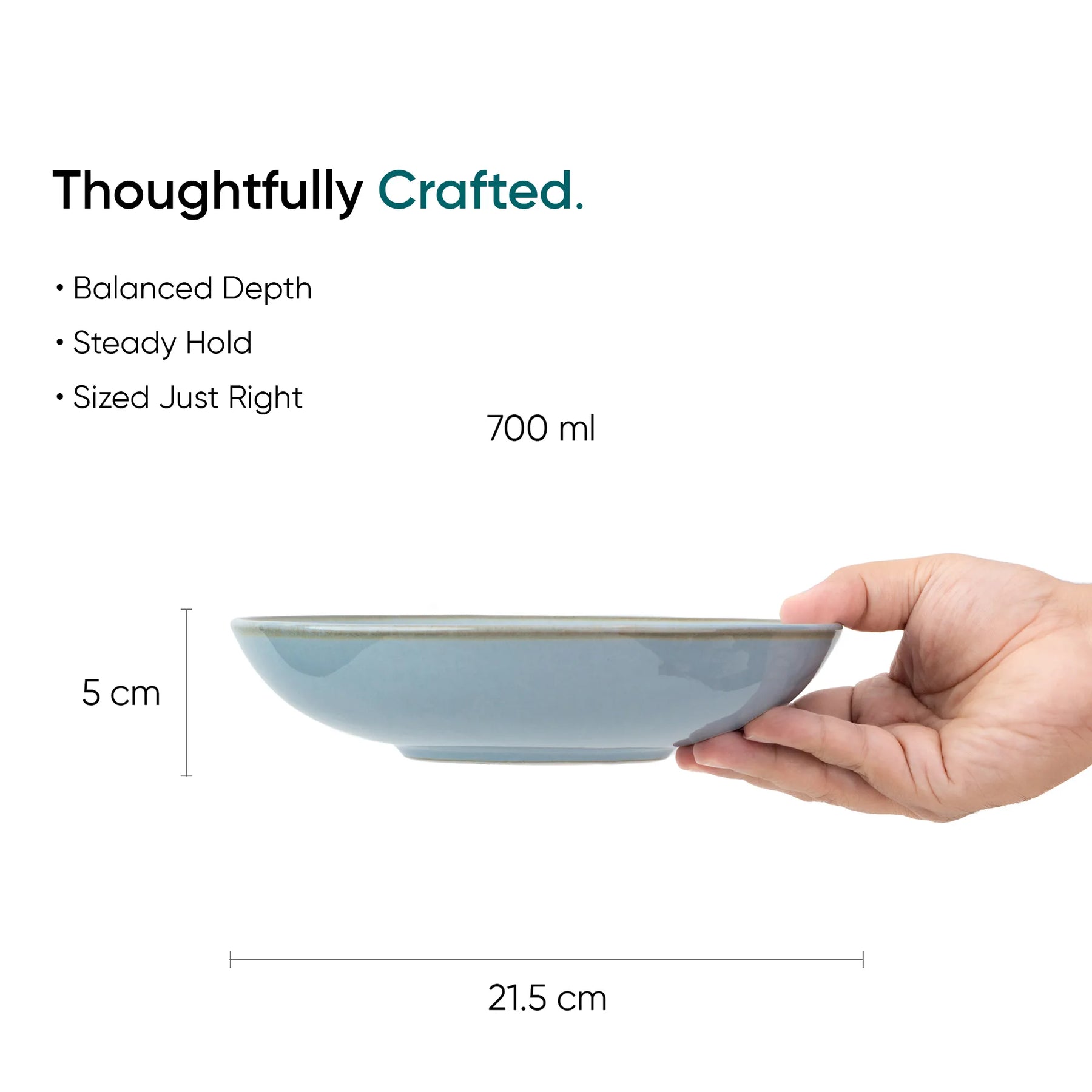 Blue ceramic bowl held by a hand with dimensions and text about its design and capacity.