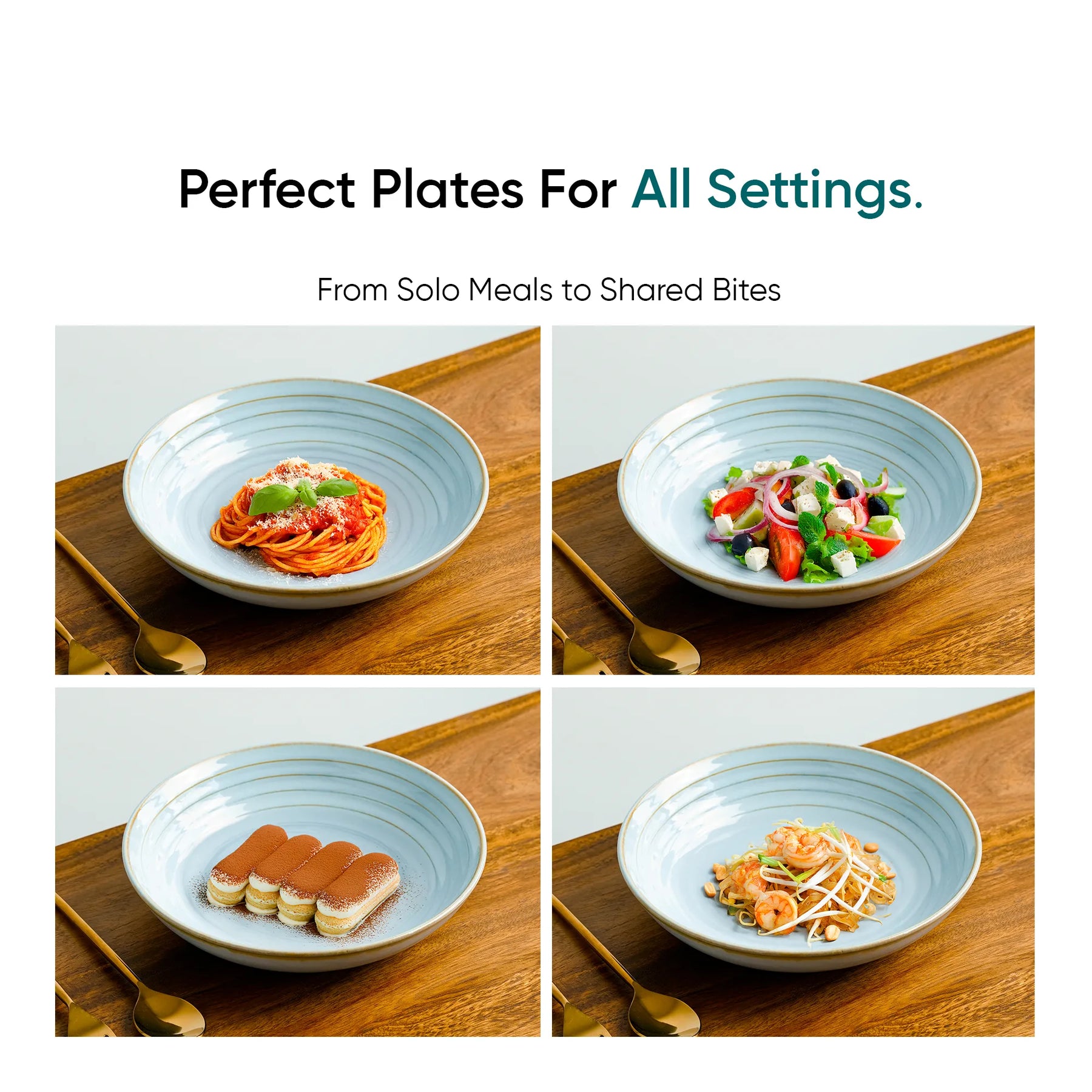 Four images of a blue ceramic plate with different meals on a wooden table.