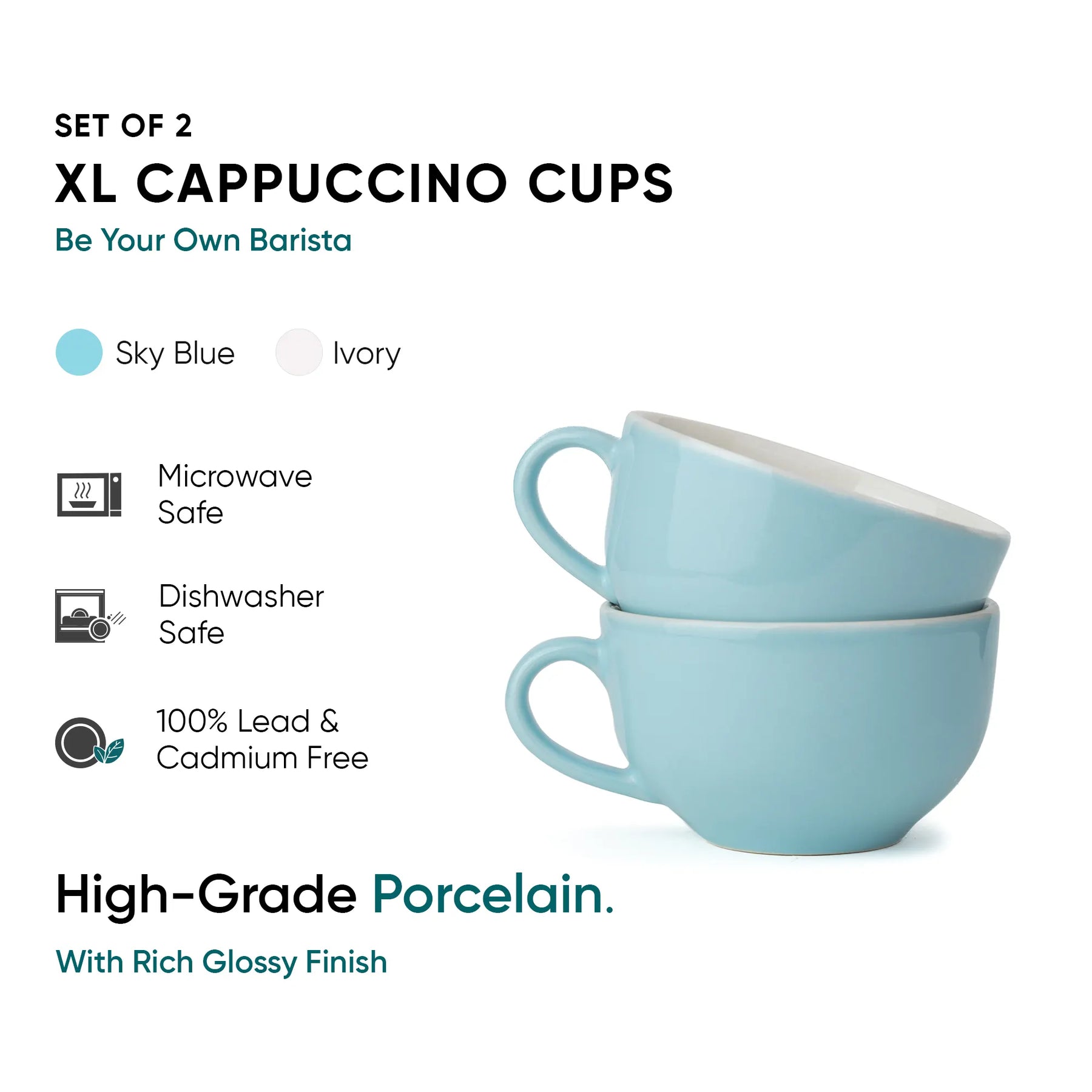 Set of 2 XL Cappuccino Cups in sky blue with product details on a white background