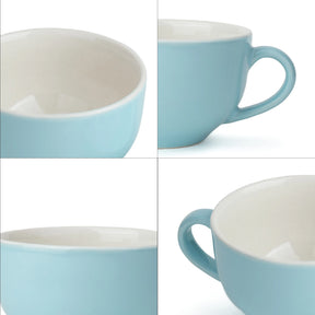 Collage of a light blue mug with white interior on a white background