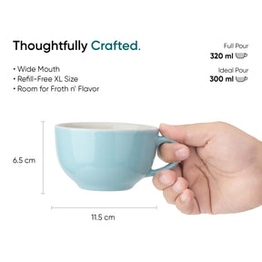 Blue mug held by a hand with product details on a white background