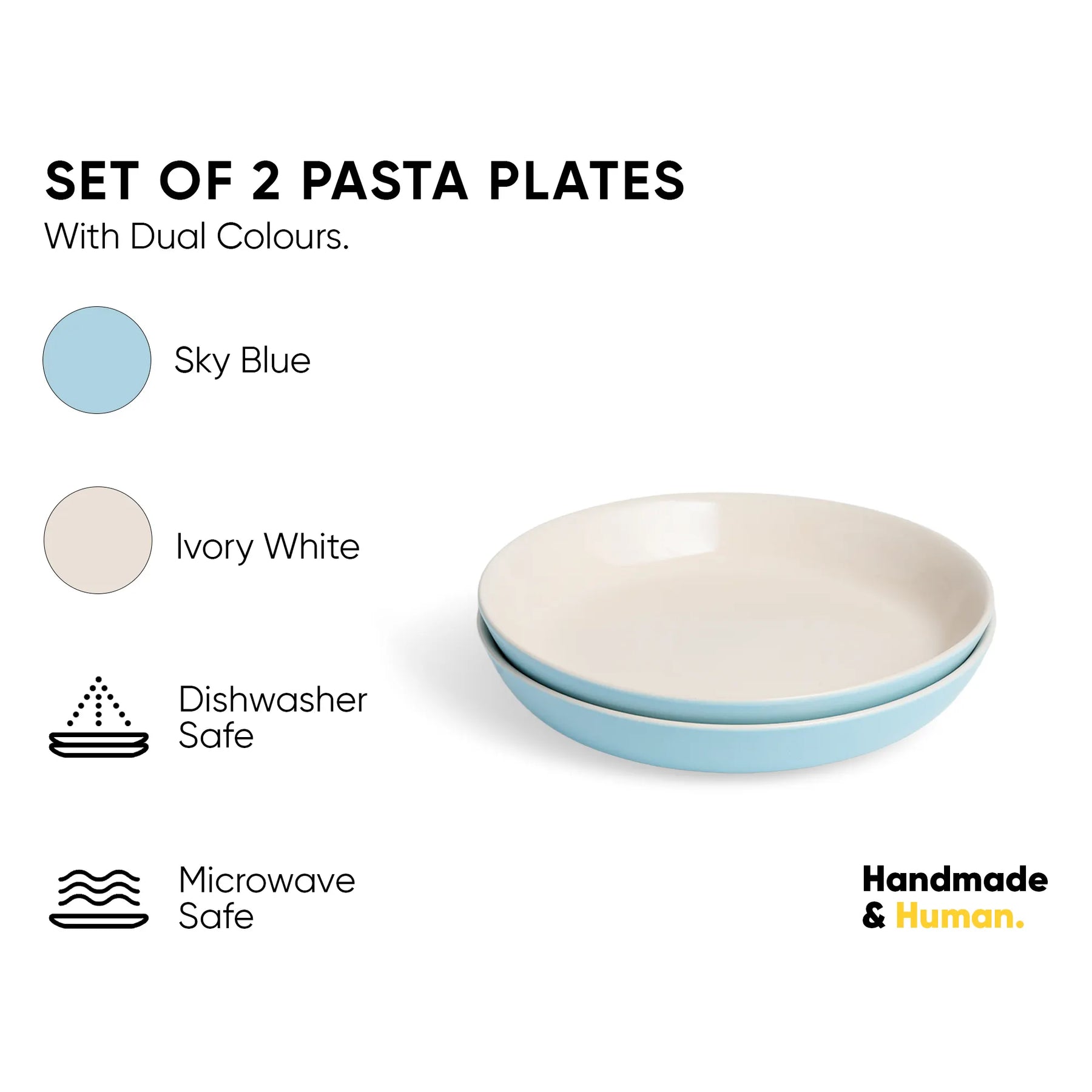 Set of 2 pasta plates with dual colors on a white background, featuring 'Handmade & Human' branding.