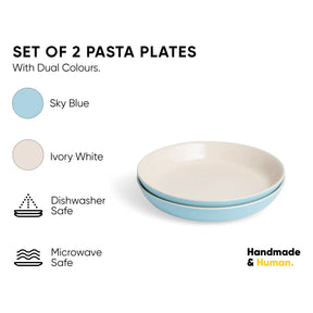 Set of 2 pasta plates with dual colors on a white background, featuring 'Handmade & Human' branding.
