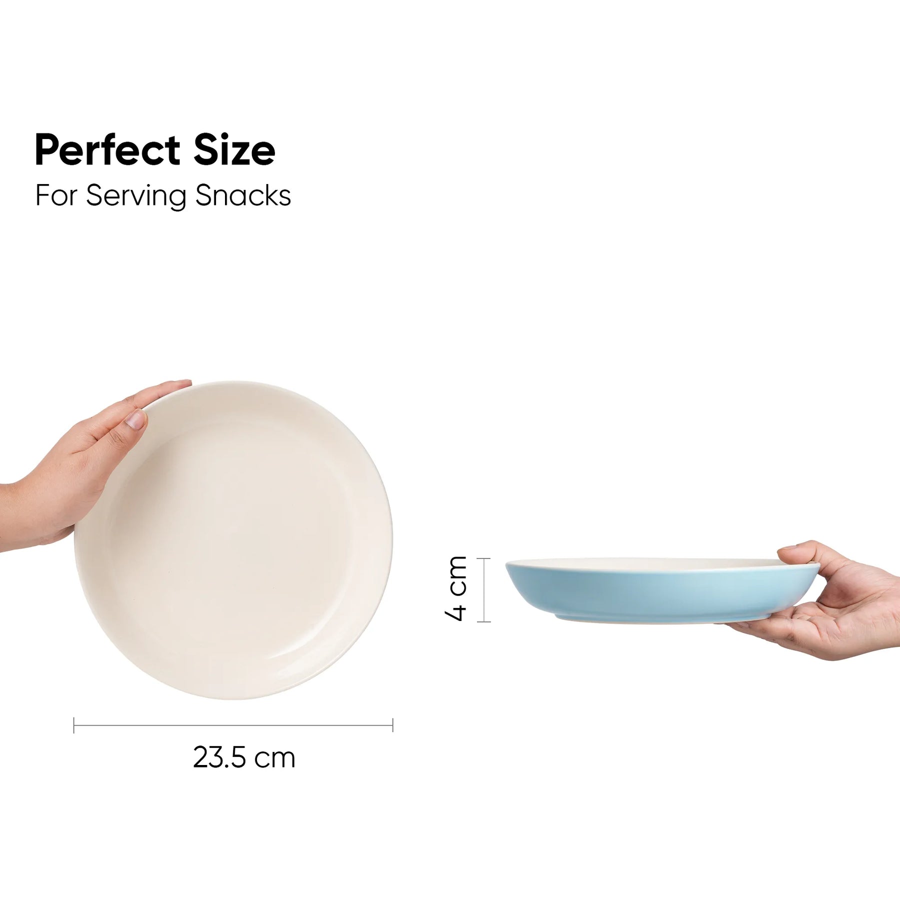 Measurement chart showing a round beige bowl and a rectangular blue bowl held by hands, with dimensions displayed.