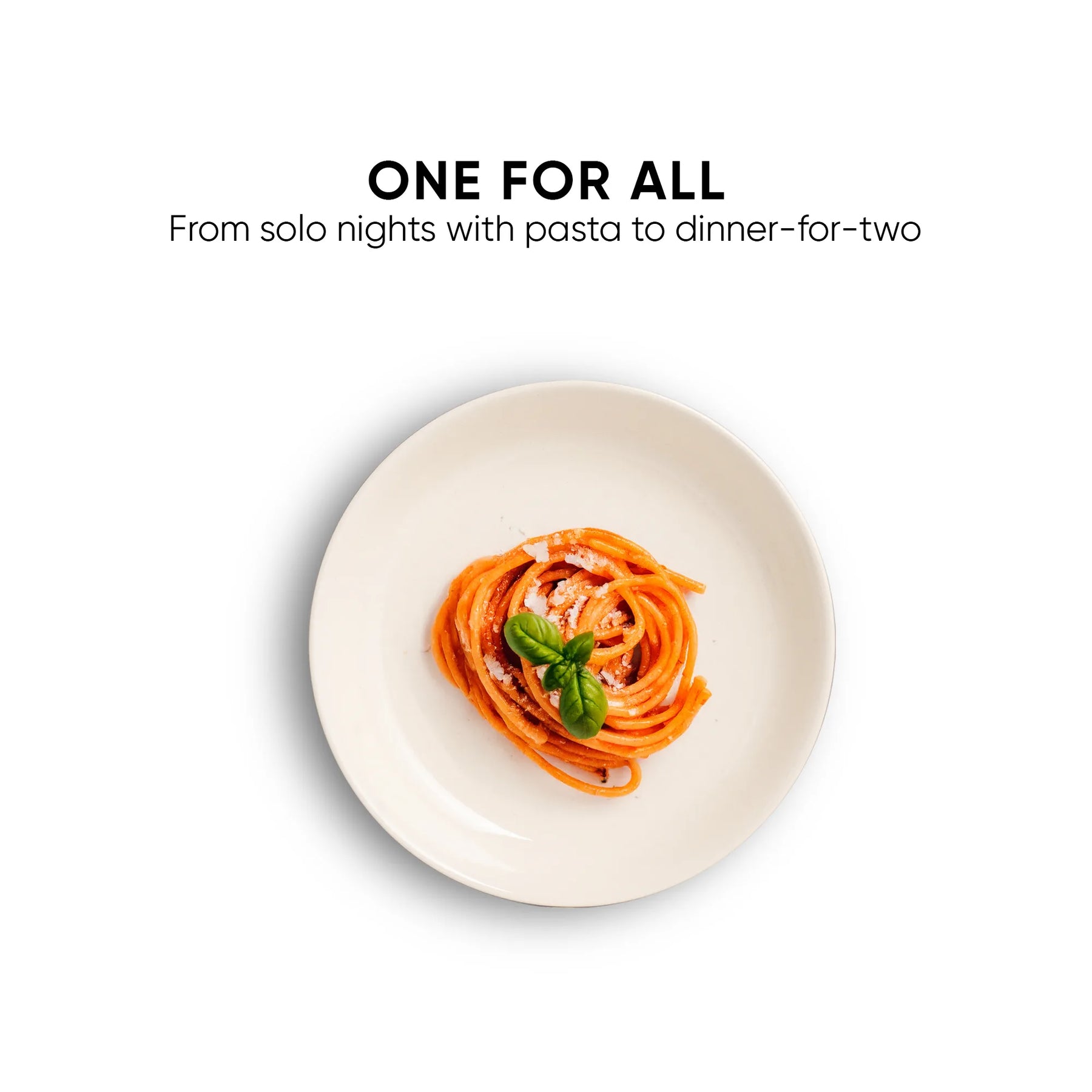 Plate of spaghetti with a sprig of basil on a white background, text 'ONE FOR ALL' above.