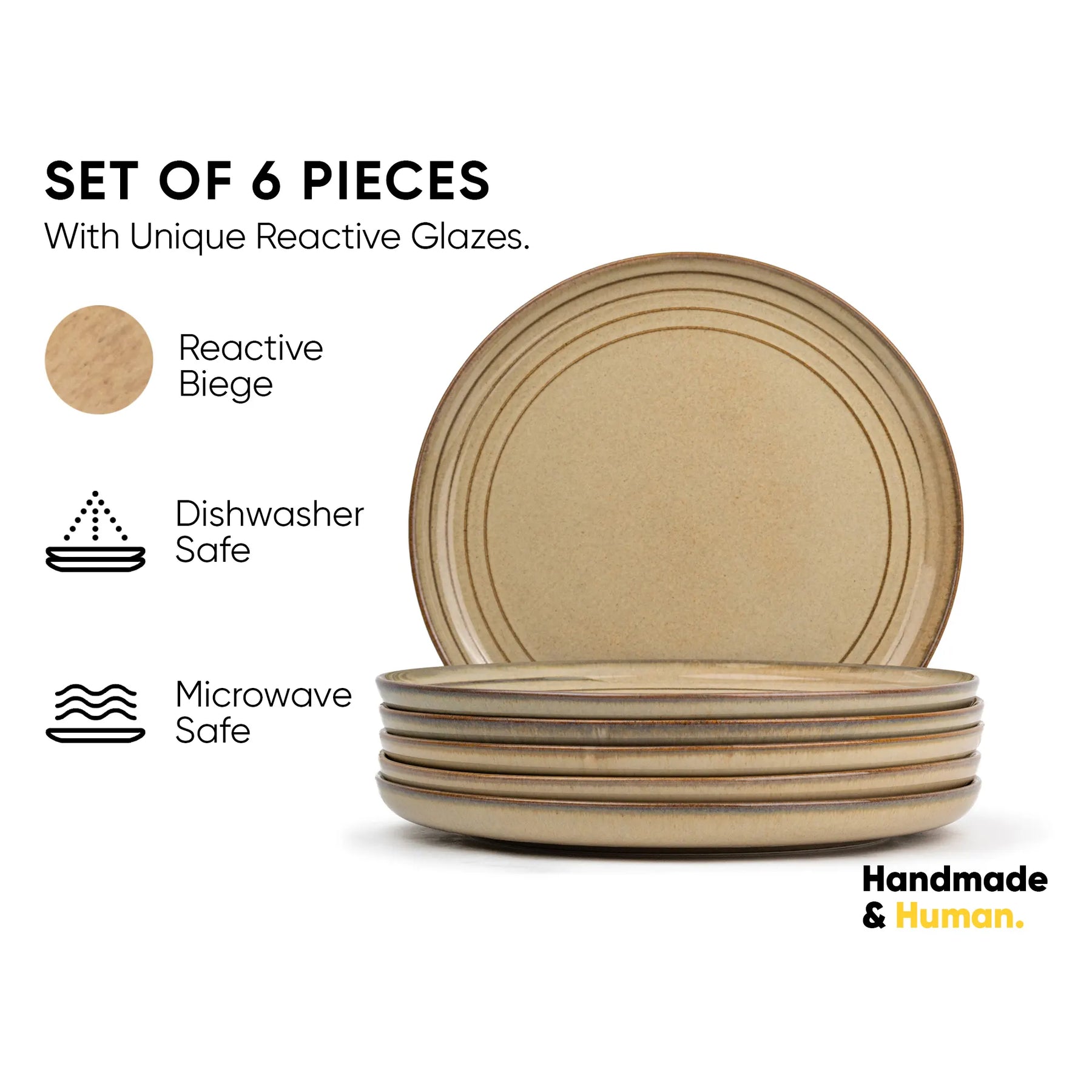 Set of 6 beige plates with reactive glazes on a white background, featuring icons for dishwasher and microwave safety.