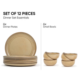 Set of 12 ceramic dinnerware pieces including 6 dinner plates and 6 small bowls on a white background.