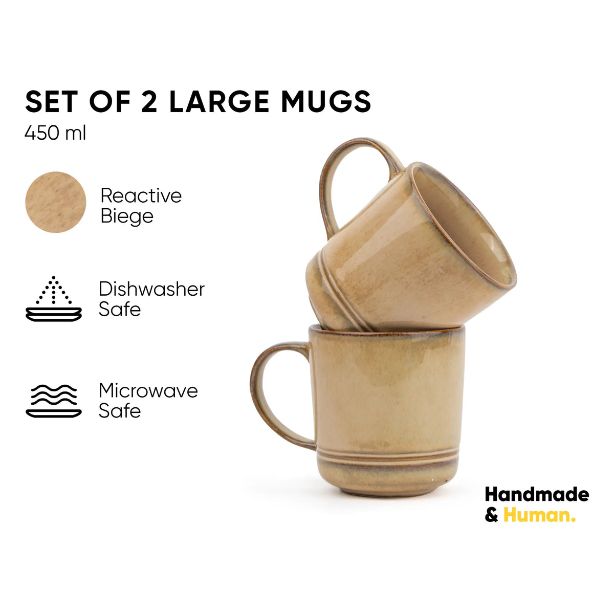 Set of 2 large mugs in Reactive Biege color with product details on a white background.