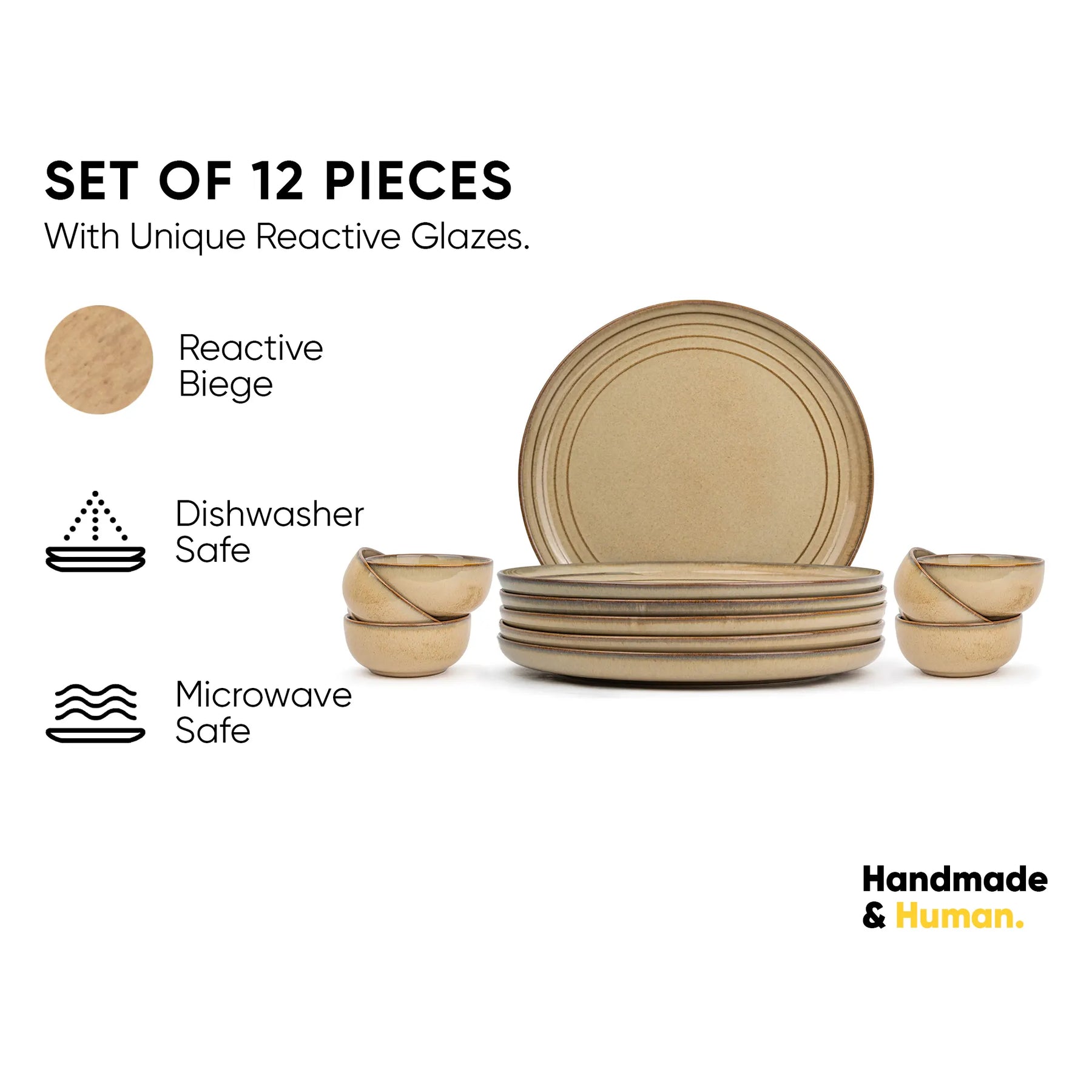 Set of 12 ceramic pieces with reactive glaze in beige color, displayed on a white background.