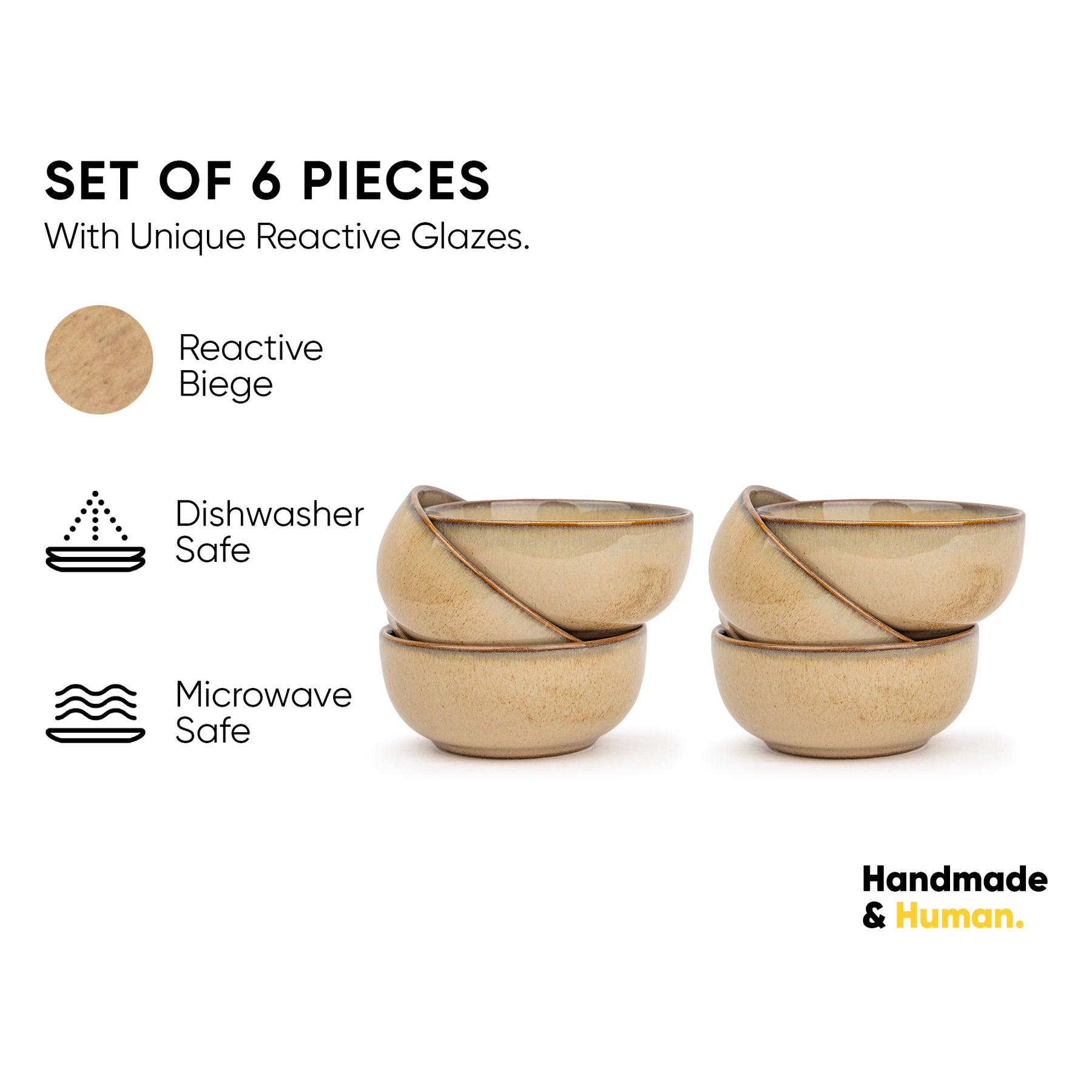 Ceramic Veg Bowls Set of 6 | 180ml | Self Reactive Collection