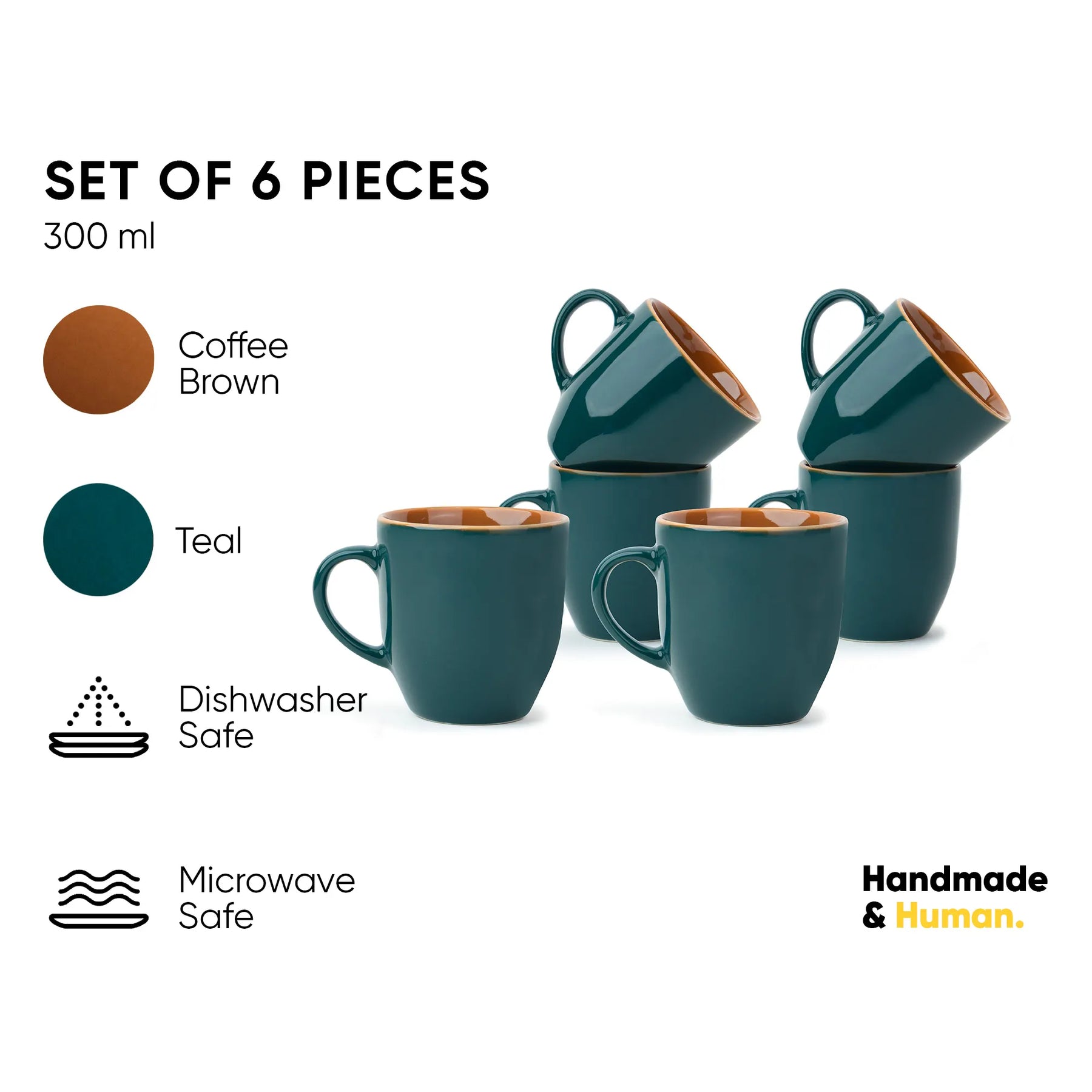 Set of six teal mugs with brown interior, labeled 'Handmade & Human'.