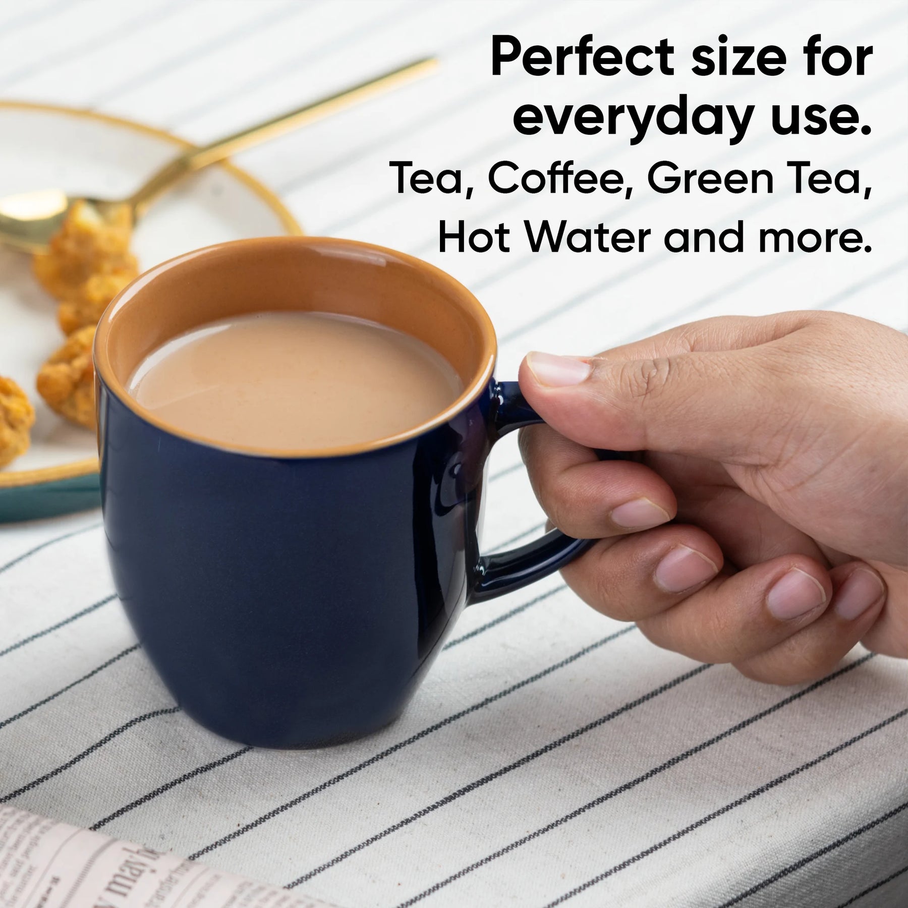 Hand holding a blue mug with coffee, text about the mug's versatility.
