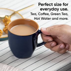 Hand holding a blue mug with coffee, text about the mug's versatility.