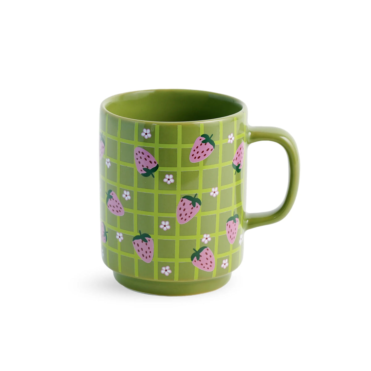 Green mug with strawberry pattern on a white background