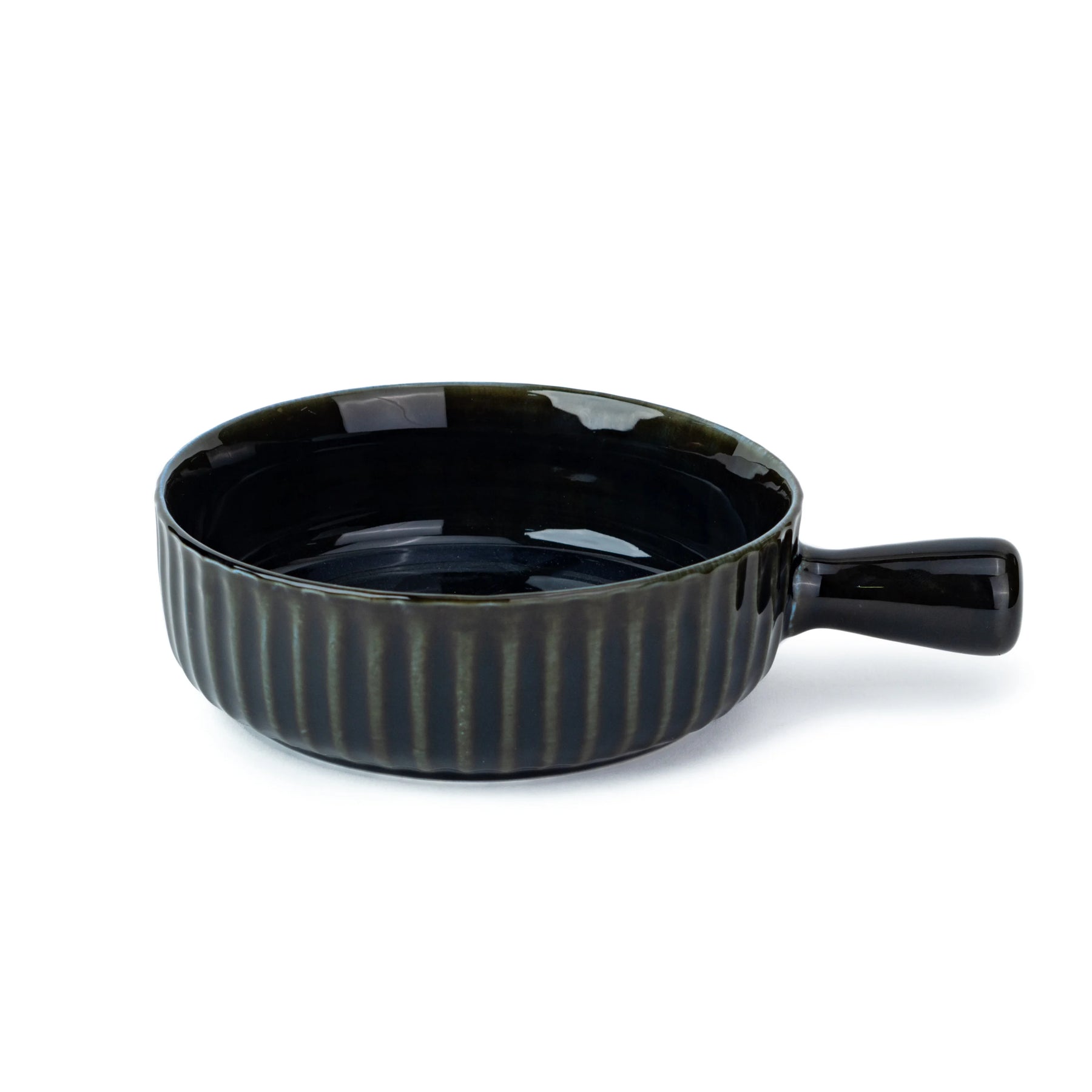 Black ceramic bowl with handle on a white background