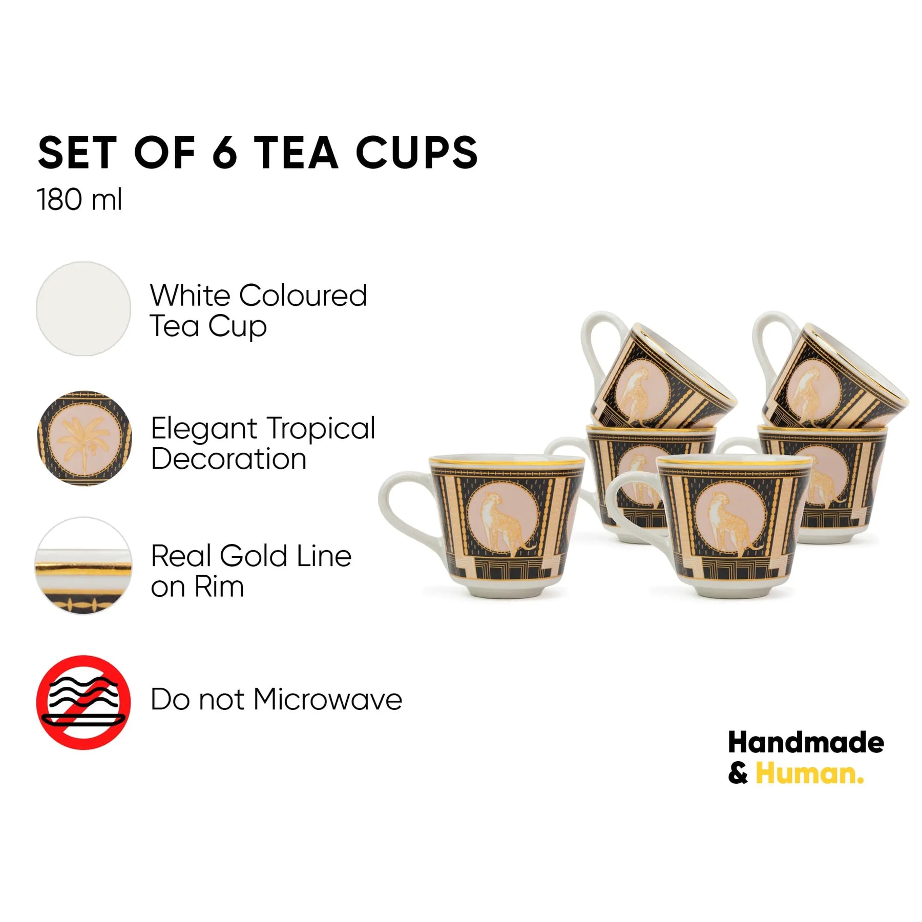Set of 6 tea cups with tropical decoration, white interior, and gold rim on a white background.