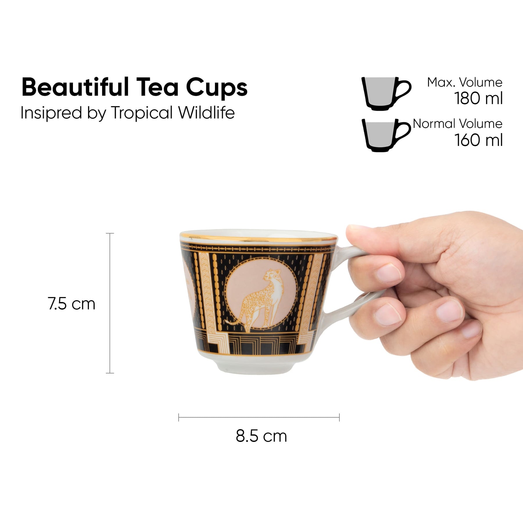 Ceramic Tea Cup Set of 6, 180ml, Decorative Decal Collection