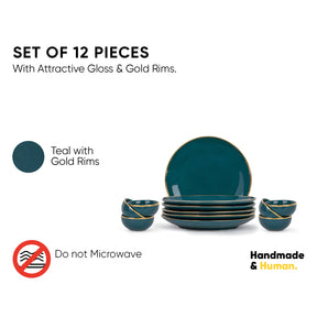 Ceramic Dinner Plates Set, 12 Pieces, Teal Goldline Collection