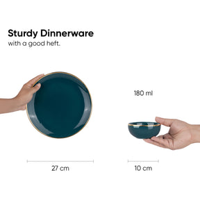 Ceramic Dinner Plates Set, 12 Pieces, Teal Goldline Collection