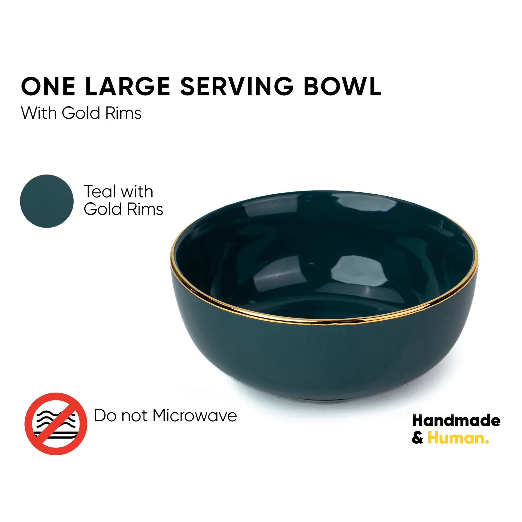 Teal serving bowl with gold rims on a white background, featuring branding and usage instructions.
