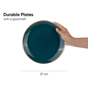 Teal plate held by a hand with text about durable plates and dimensions.
