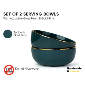 Set of 2 teal serving bowls with gold rims on a white background