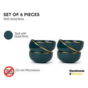 Set of 6 teal bowls with gold rims on a white background, featuring branding and usage instructions.