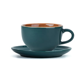 Teal cup and saucer set on a white background