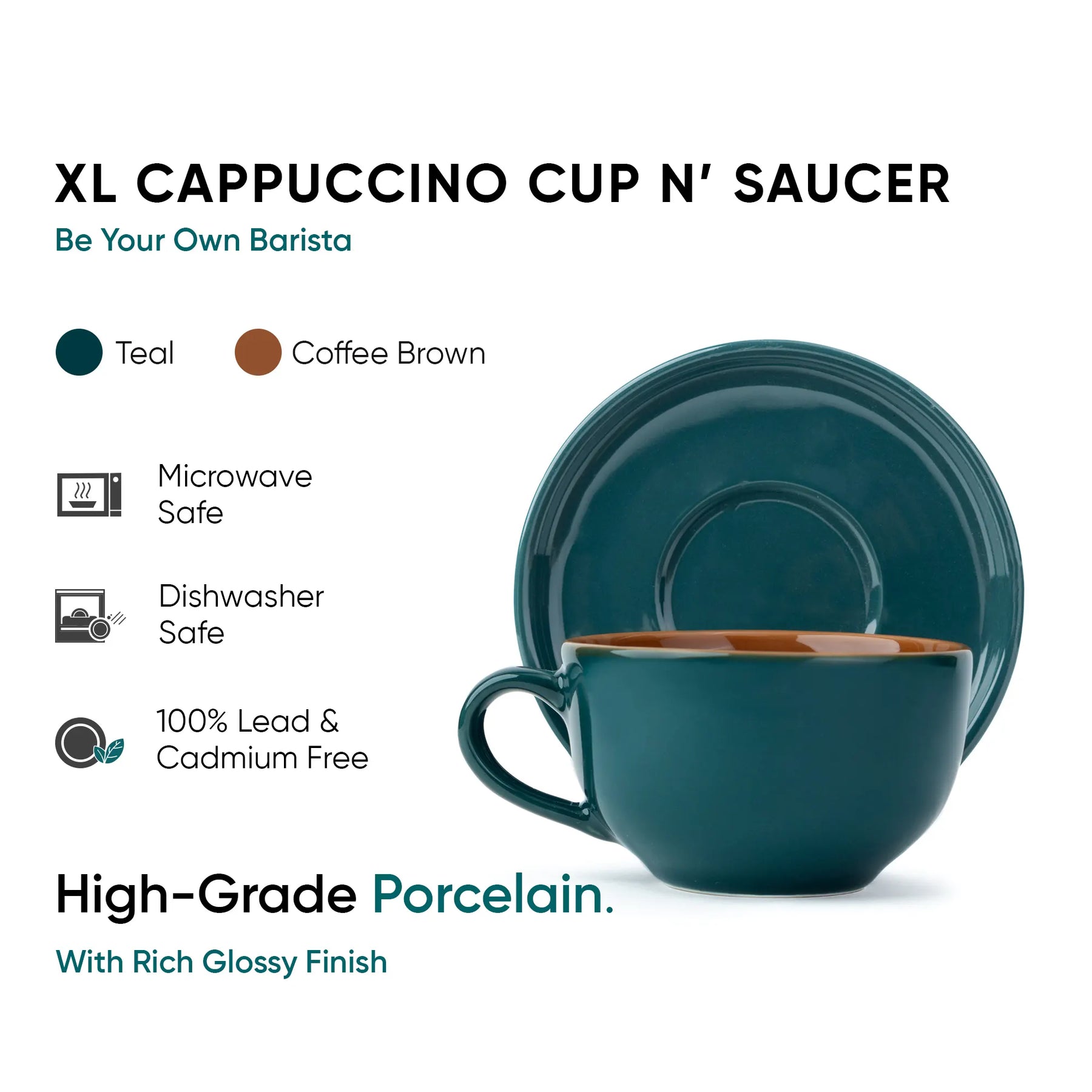 Teal cappuccino cup and saucer set with product details on a white background