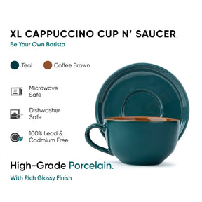 Teal cappuccino cup and saucer set with product details on a white background