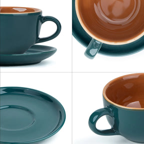 Teal and brown ceramic cup and saucer set on a white background