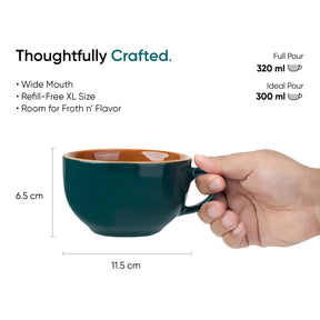 Teal mug with brown interior held by a hand, featuring product details and measurements on a white background.