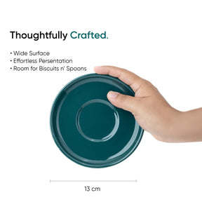 Teal ceramic plate held by a hand with text highlighting features on a white background