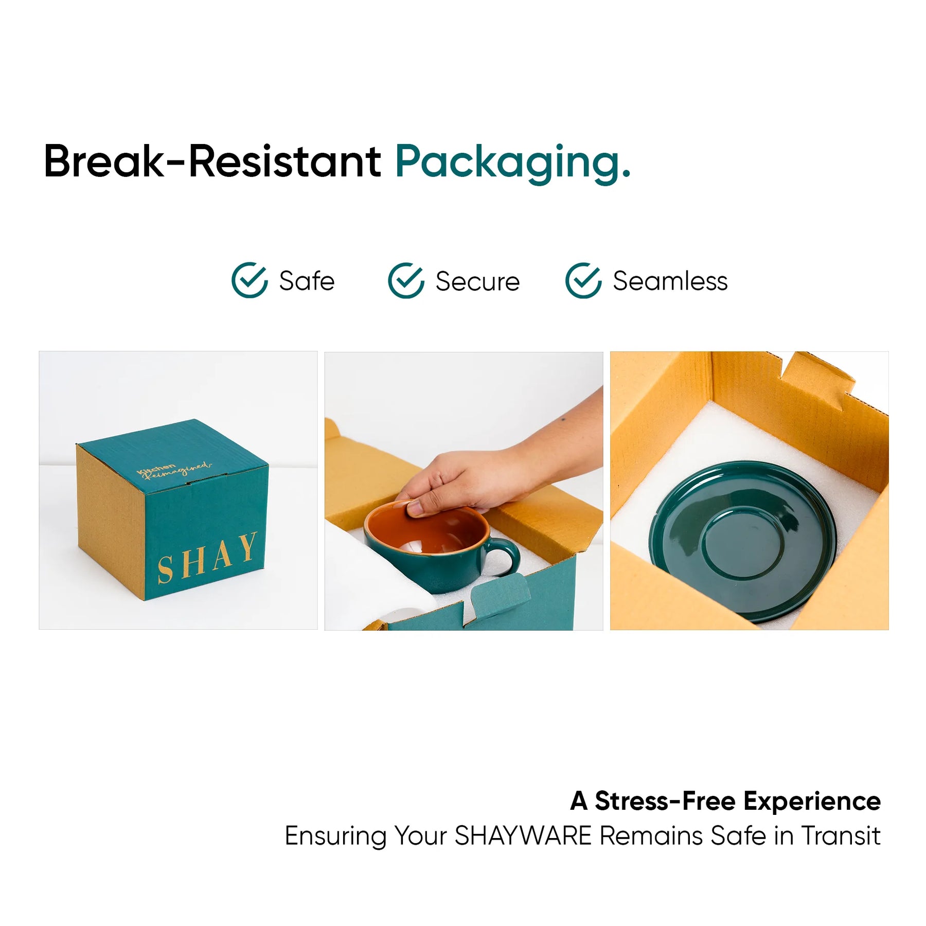 Advertisement for break-resistant packaging with a SHAY product, showing a box, a hand placing a mug inside, and a mug being protected in packaging.