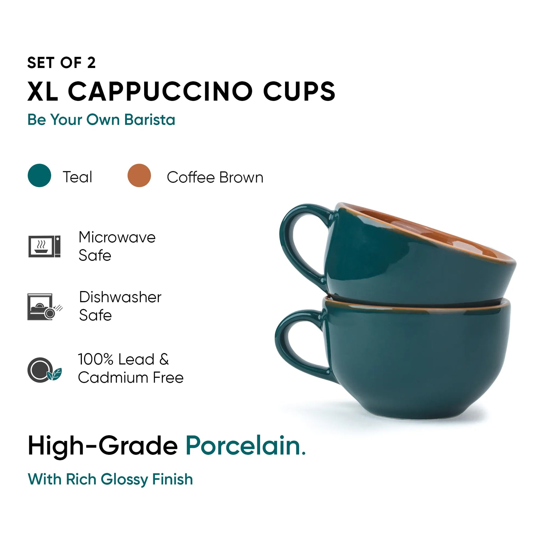 Set of 2 XL Cappuccino Cups in teal and coffee brown with product details on a white background.