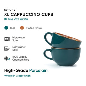 Set of 2 XL Cappuccino Cups in teal and coffee brown with product details on a white background.