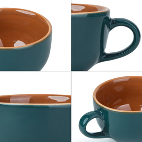 Collage of a teal mug with brown interior, shown from different angles on a white background.