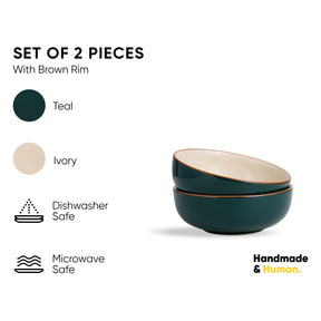 Set of two teal bowls with brown rim on a white background, featuring color options and safety information.