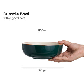 Hand holding a green bowl with text indicating its capacity and dimensions.