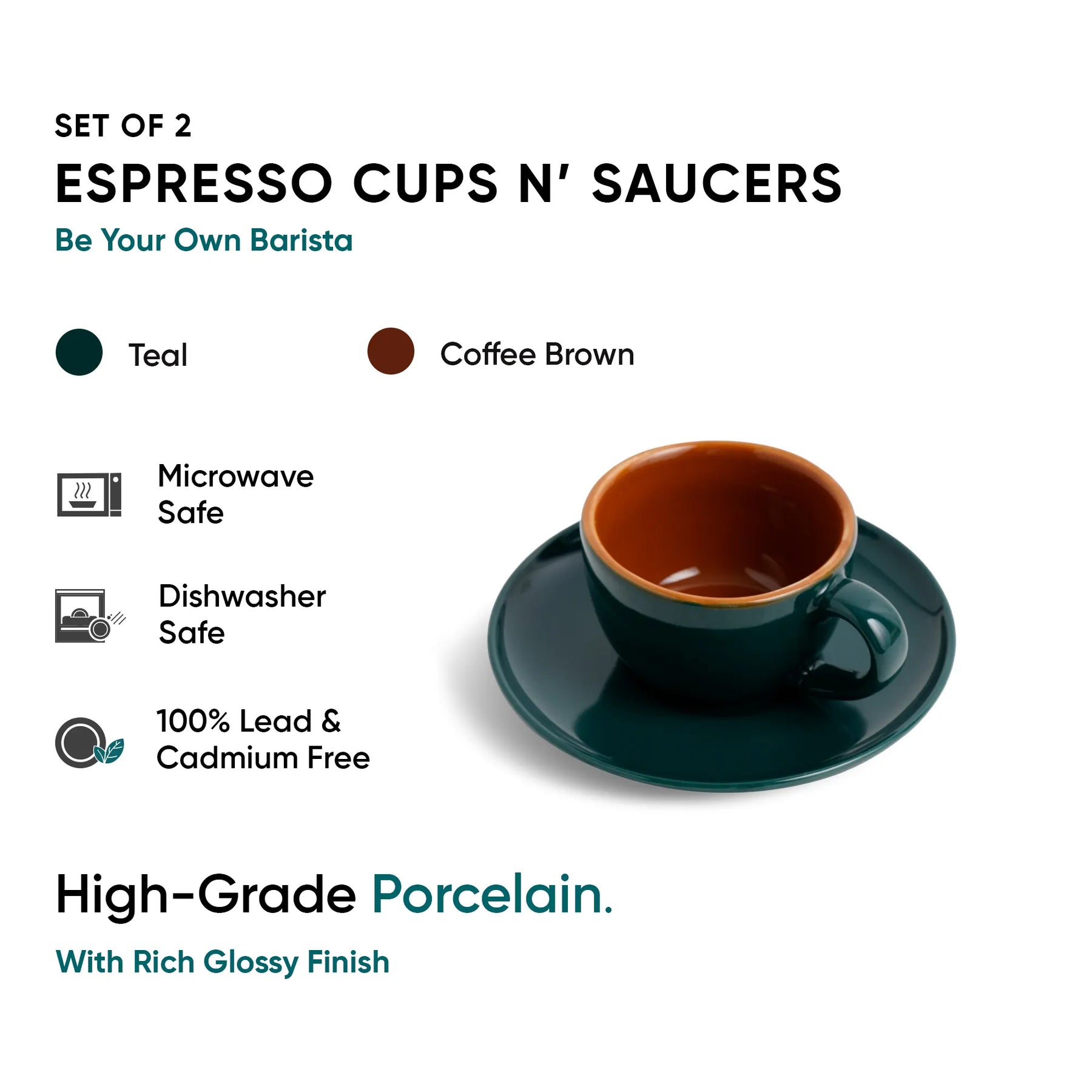 Set of 2 espresso cups and saucers with color options and safety features on a white background.