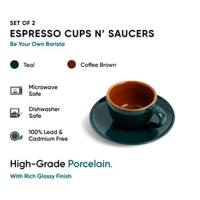 Set of 2 espresso cups and saucers with color options and safety features on a white background.