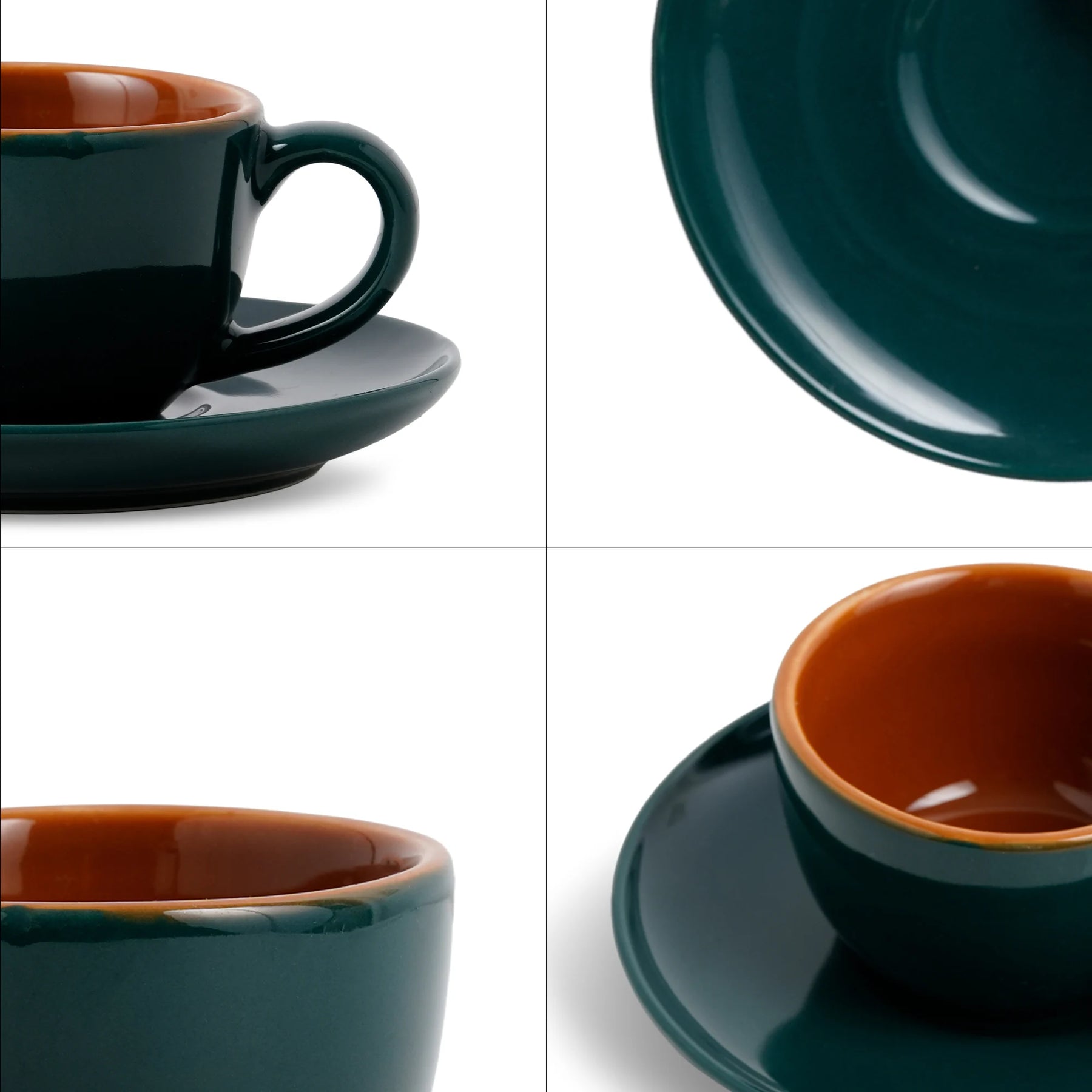 Teal and brown ceramic cup and saucer set on a white background