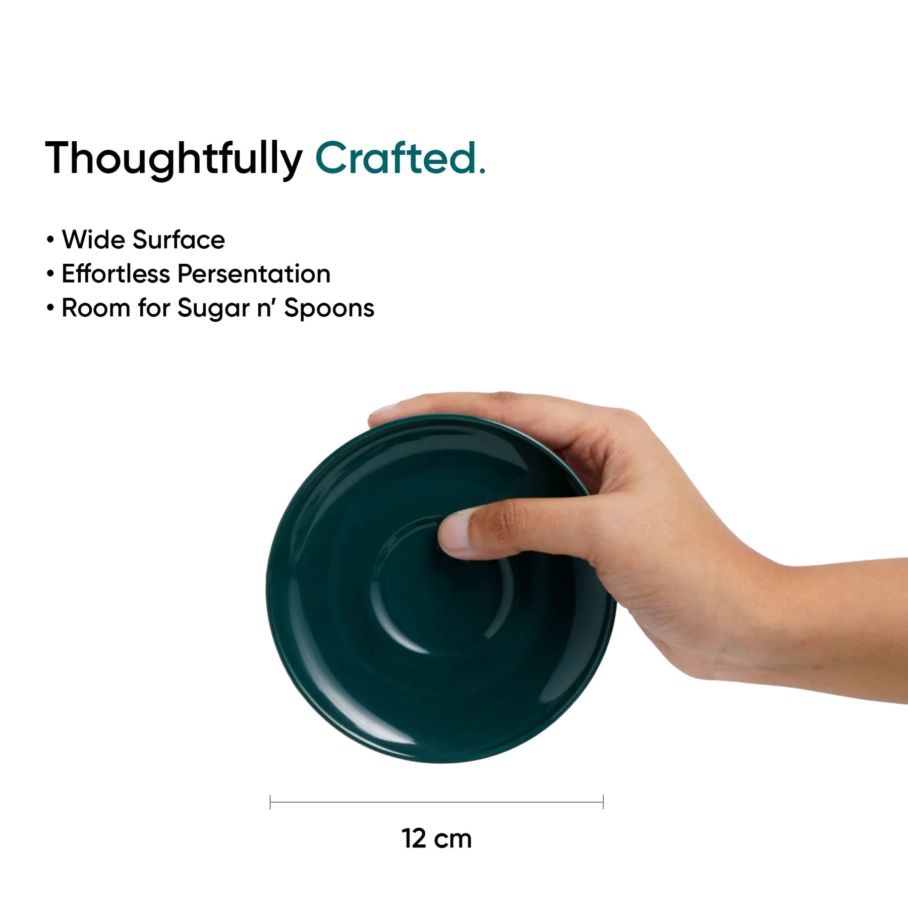 Hand holding a teal ceramic dish with product features listed on a white background